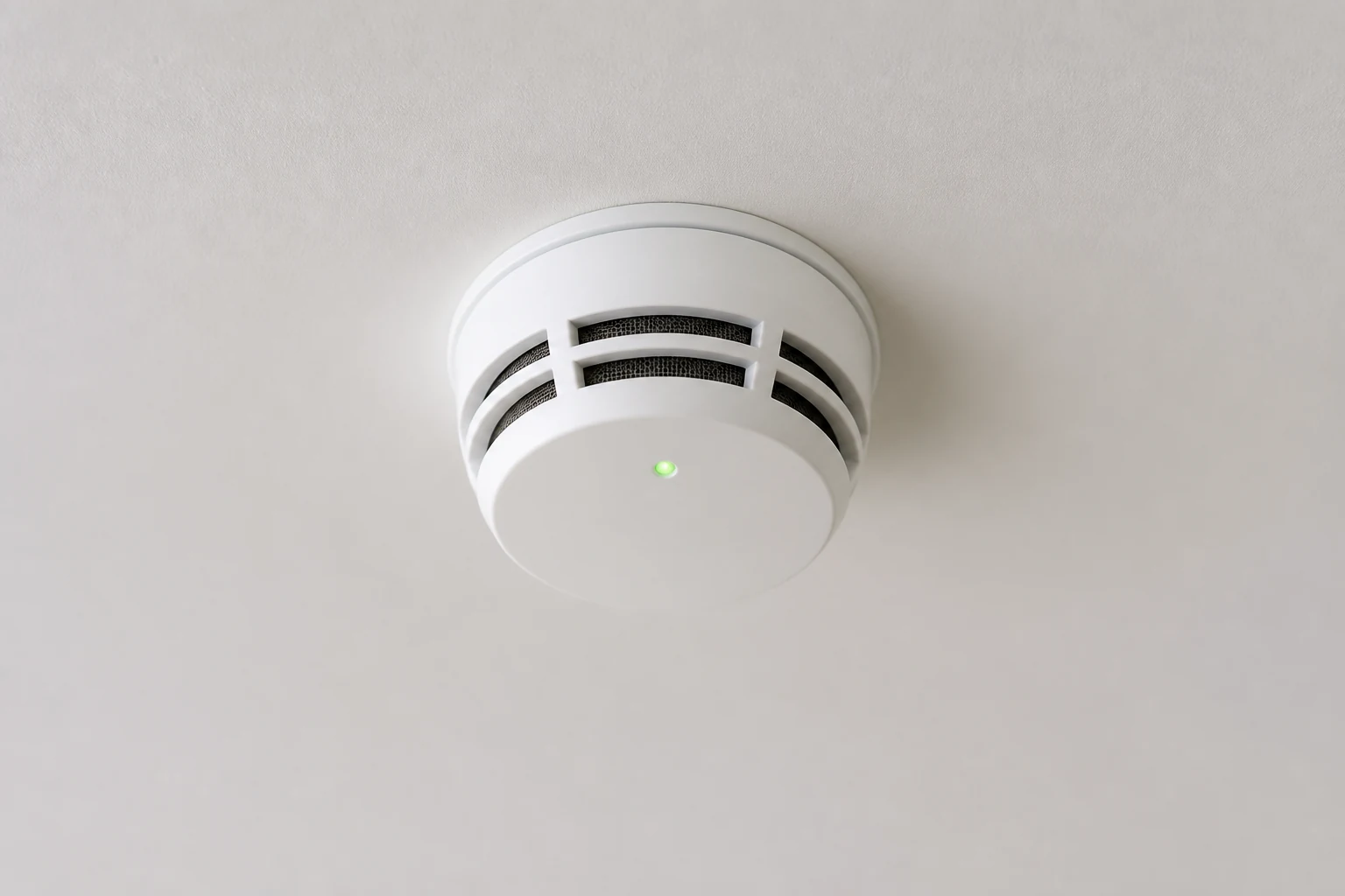 Detector de fumaça no teto de um ambiente claro, visto de baixo, com a luz indicadora acesa