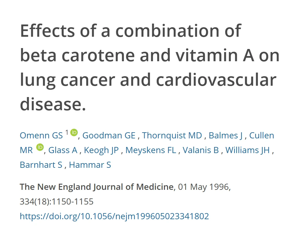 Referência do ensaio clínico randomizado sobre betacaroteno e vitamina A no câncer de pulmão e na doença cardiovascular, com título, autores, revista e DOI