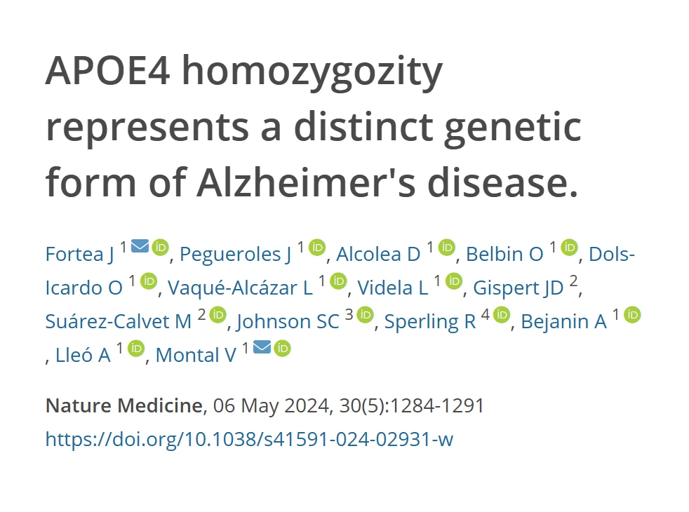 Referência do estudo de 2024 sobre a homozigose do APOE4 na doença de Alzheimer, com título, autores, revista e DOI