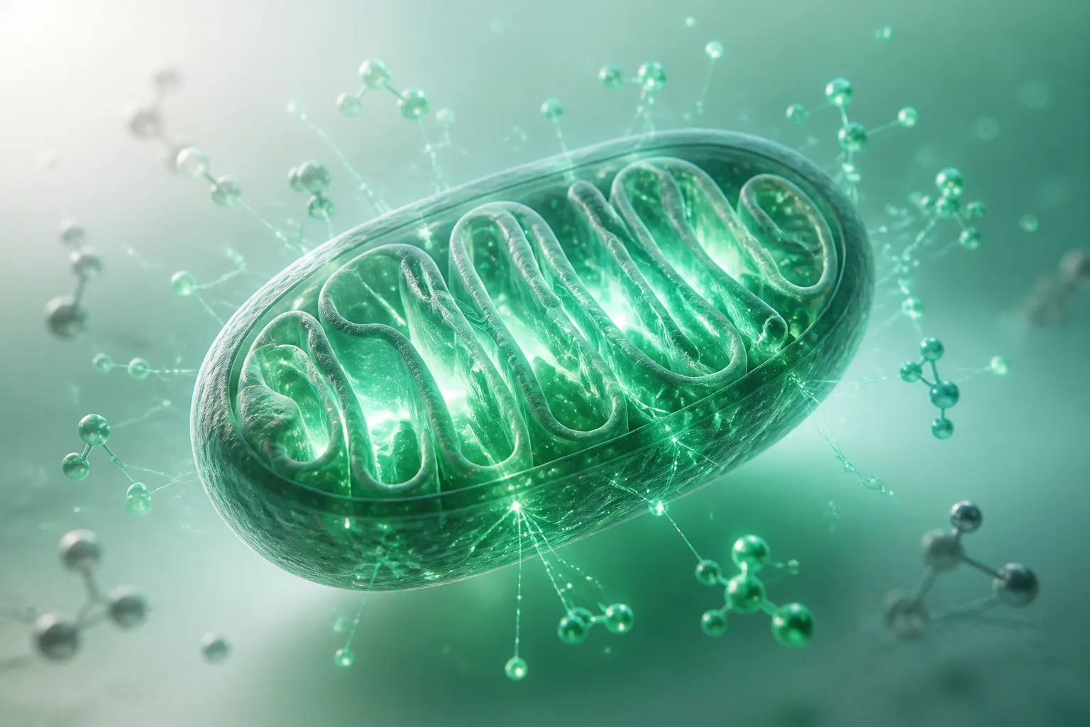 Render 3D de uma mitocôndria luminosa em tons de jade cercada por pequenas moléculas de energia, representando a produção de energia dentro da célula