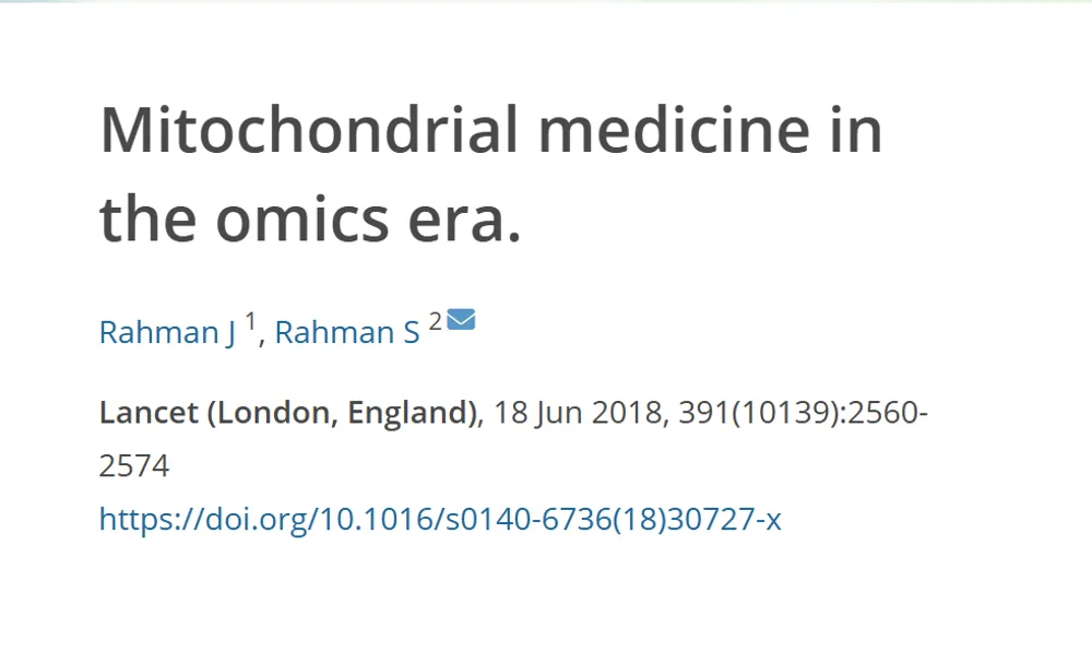 Referência do estudo sobre medicina mitocondrial na era ômica, com título, autores, revista e DOI