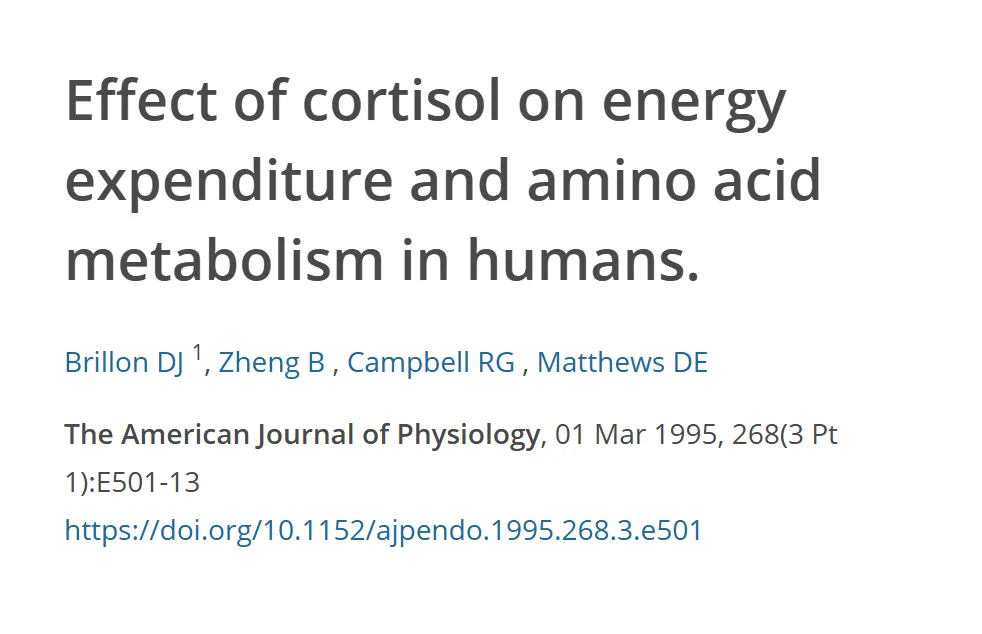 Referência do estudo sobre o efeito do cortisol no gasto de energia e no metabolismo de aminoácidos, com título, autores, revista e DOI