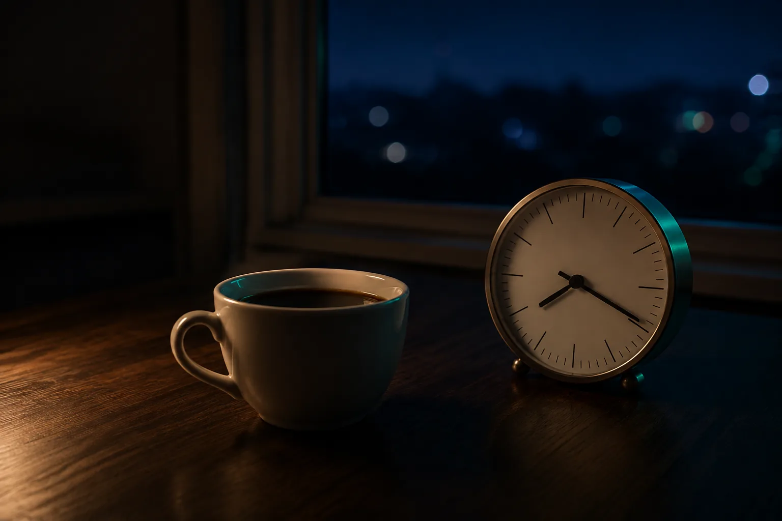 Xícara de café sobre mesa de madeira ao lado de um relógio marcando a madrugada, com luz baixa