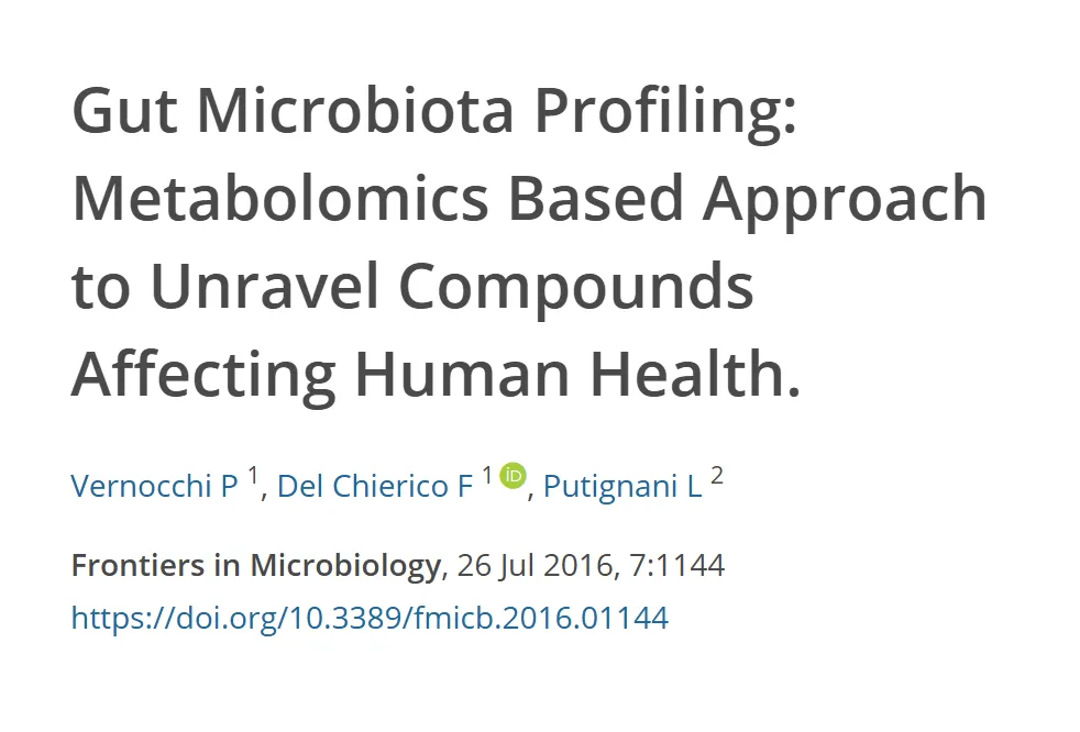 Referência do estudo sobre perfil da microbiota por metabolômica, com título, autores, revista e DOI