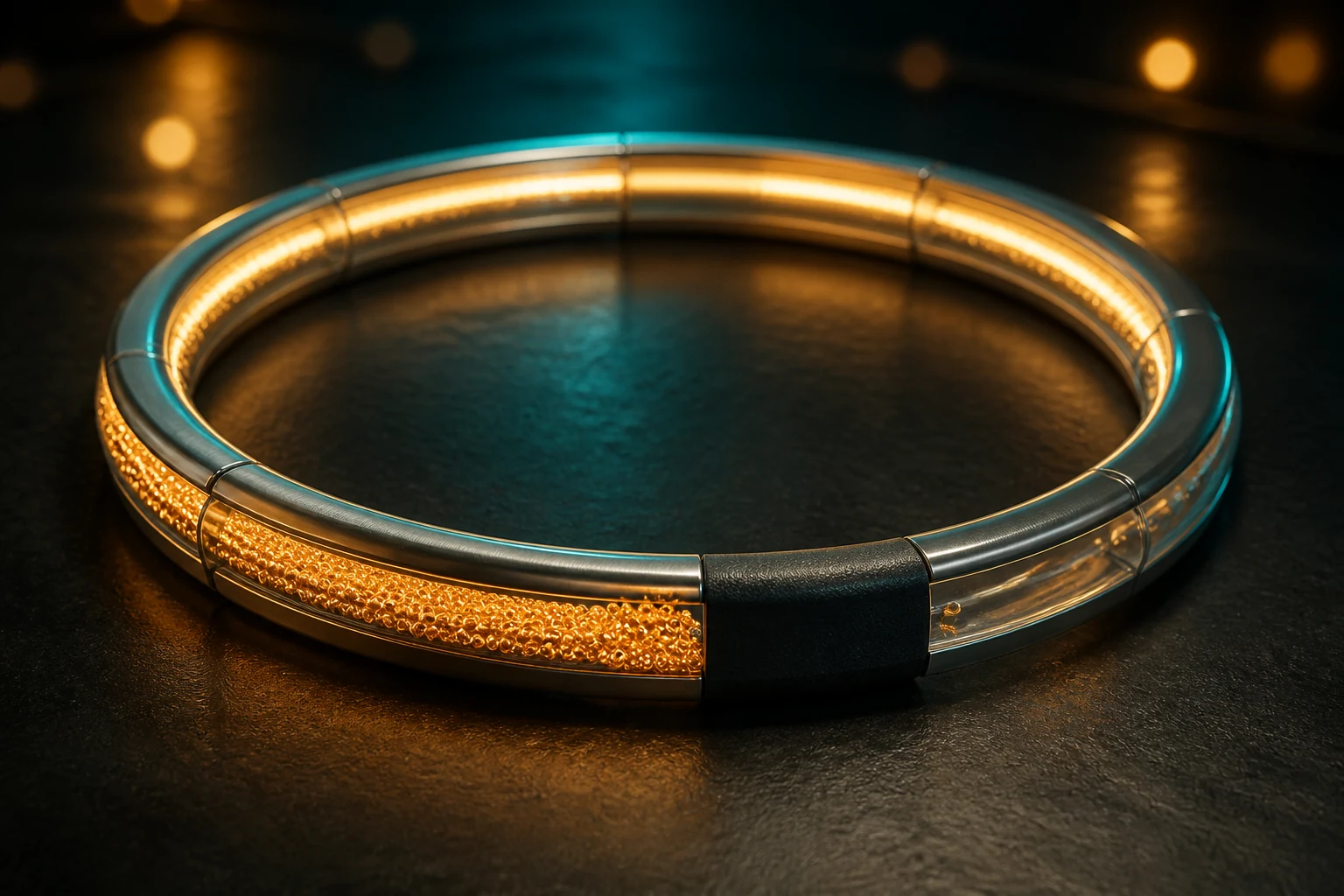 Anel de metal e vidro dividido em segmentos, iluminado por dentro em âmbar na maior parte do percurso, com um segmento escuro e partículas acumuladas logo antes dele