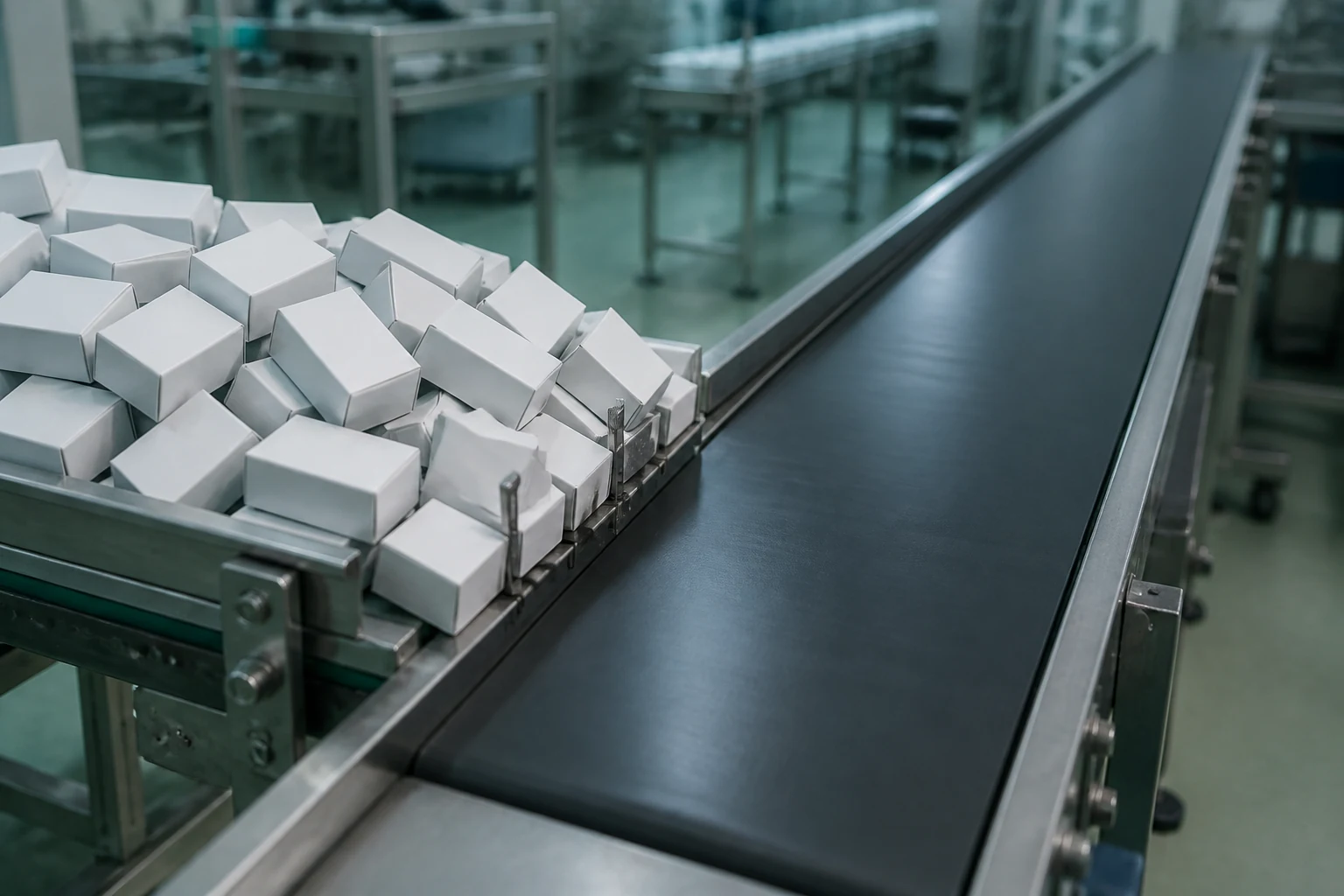 Esteira transportadora industrial com material acumulado em um ponto específico da linha e trecho seguinte praticamente vazio