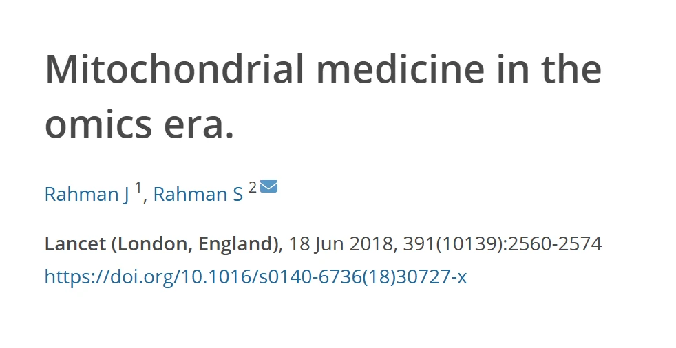 Referência da revisão do Lancet sobre medicina mitocondrial na era das ômicas, com título, autores, revista e DOI