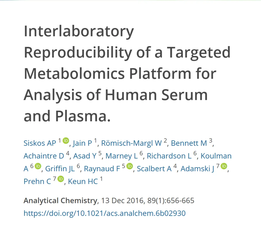 Referência do estudo sobre reprodutibilidade da metabolômica entre laboratórios, com título, autores, revista e DOI