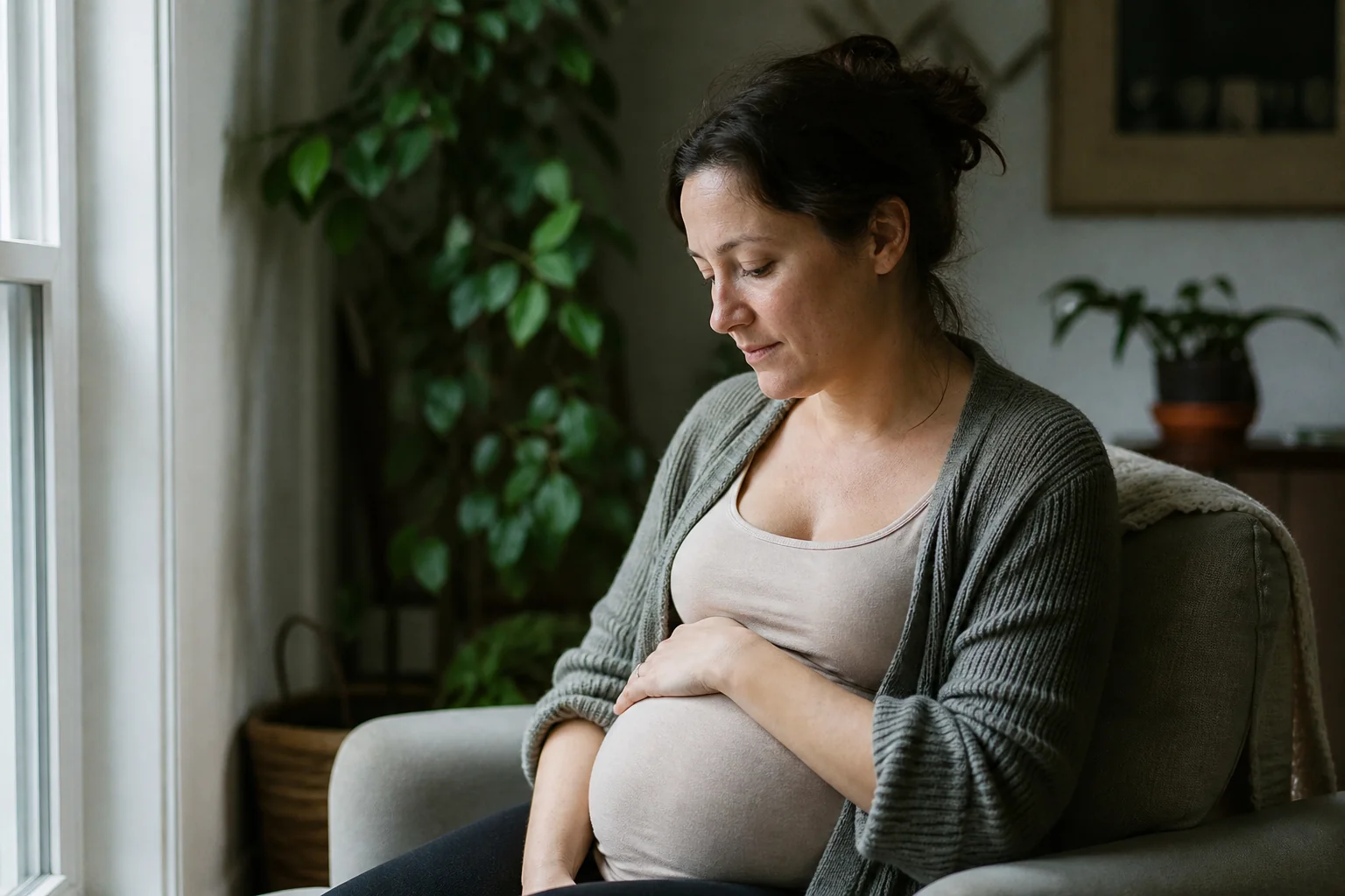 Mulher grávida sentada junto à janela em casa, na luz da manhã, com uma das mãos apoiada na barriga