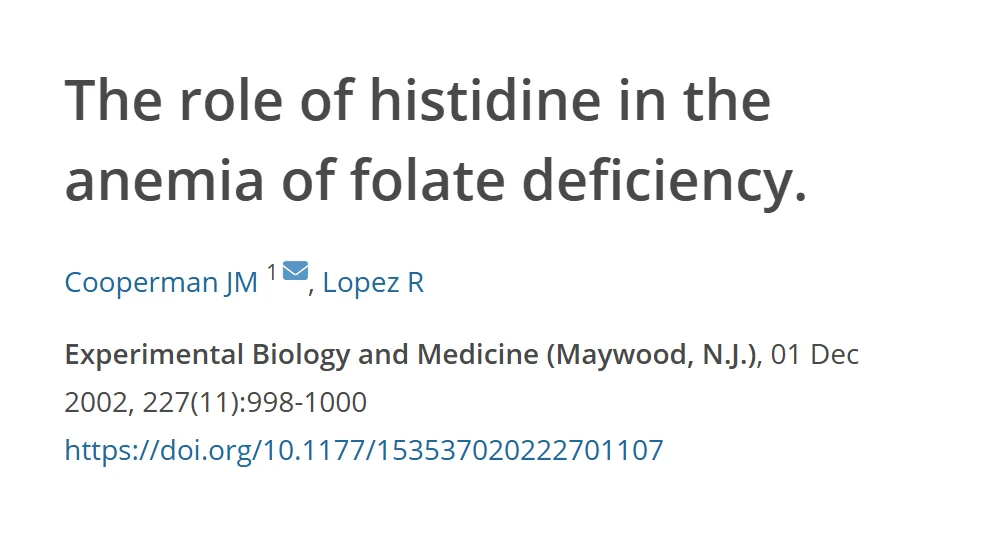Referência do estudo sobre o papel da histidina na anemia da deficiência de folato, com título, autores, revista e DOI
