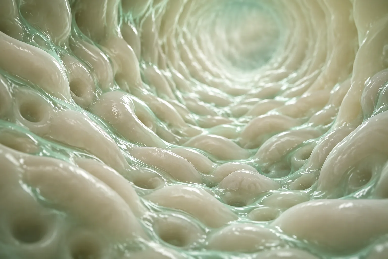 Superfície interna do intestino vista de perto, com a camada de muco recobrindo as dobras da parede e pequenas cavidades entre elas