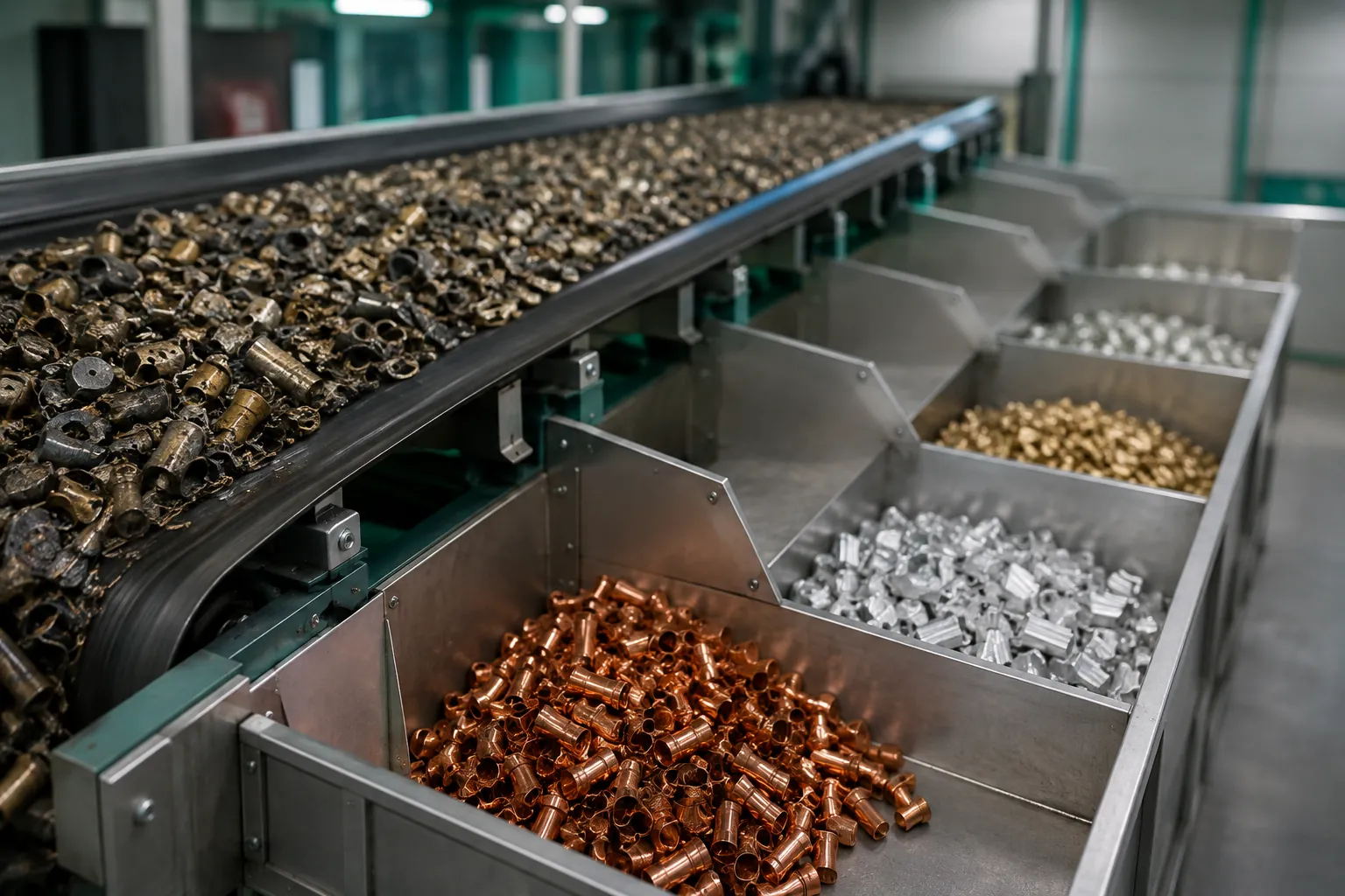 Linha industrial de recuperação de materiais, com peças gastas chegando por uma esteira e material limpo separado na saída
