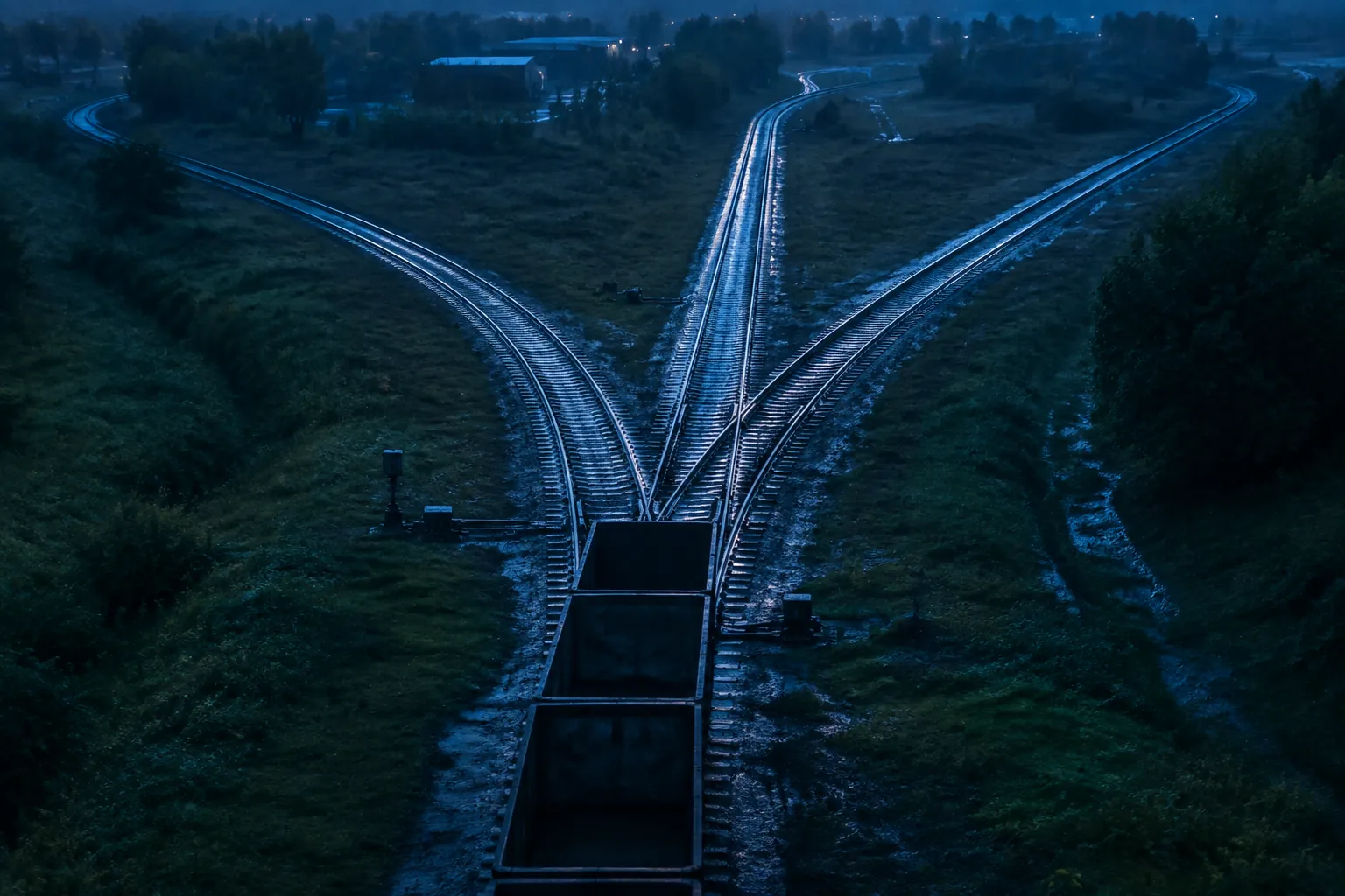 Pátio de triagem ferroviária visto do alto, com uma linha obstruída e vagões parados enquanto as outras seguem livres
