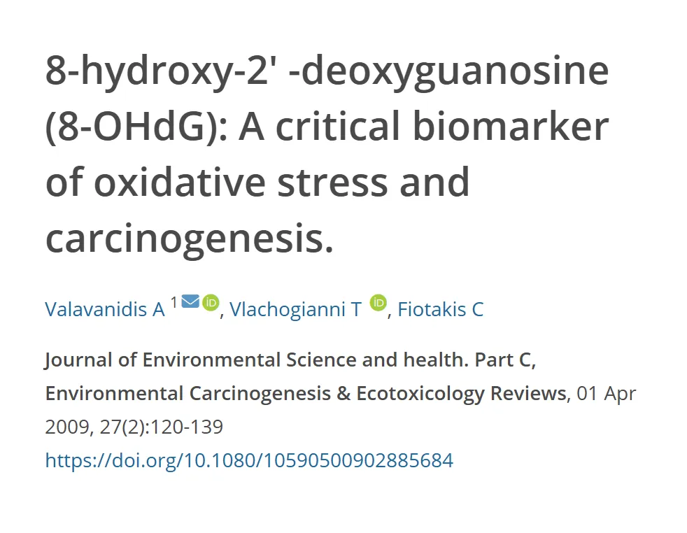 Referência do estudo sobre o 8-OHdG como biomarcador de estresse oxidativo, com título, autores, revista e DOI