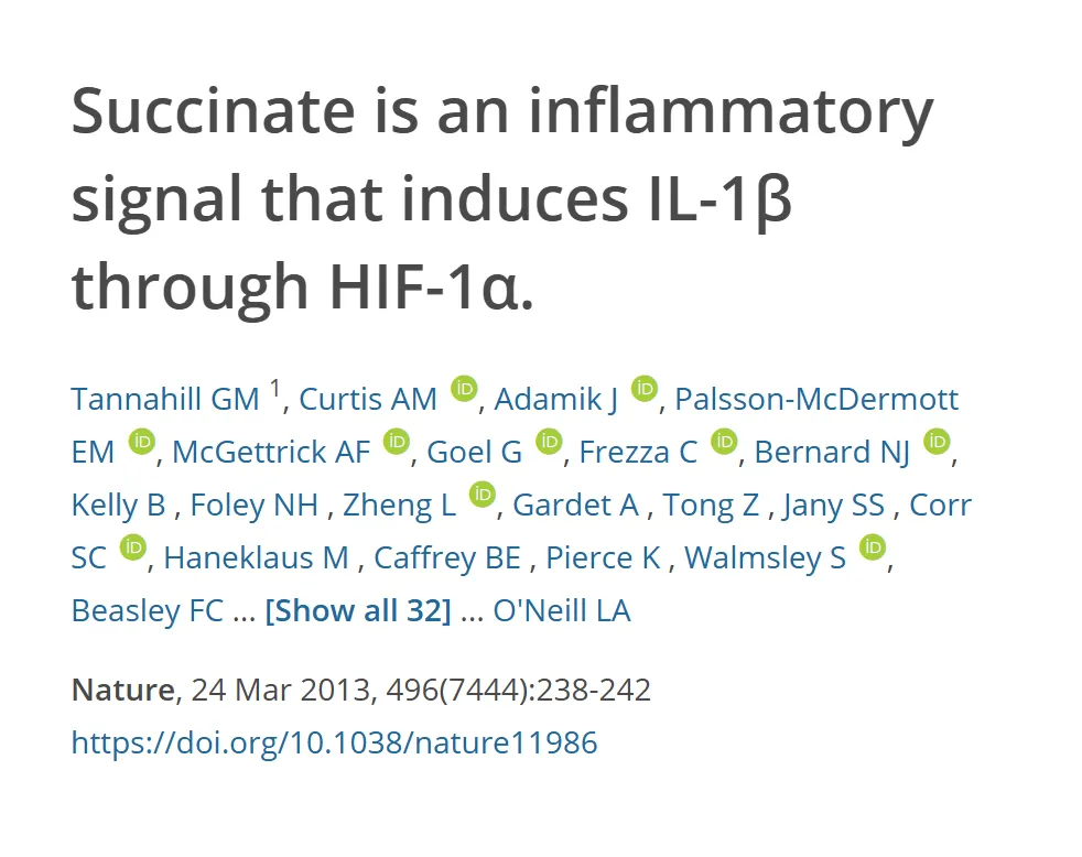 Referência do estudo sobre o succinato como sinal inflamatório que induz a interleucina-1β, com título, autores, revista e DOI