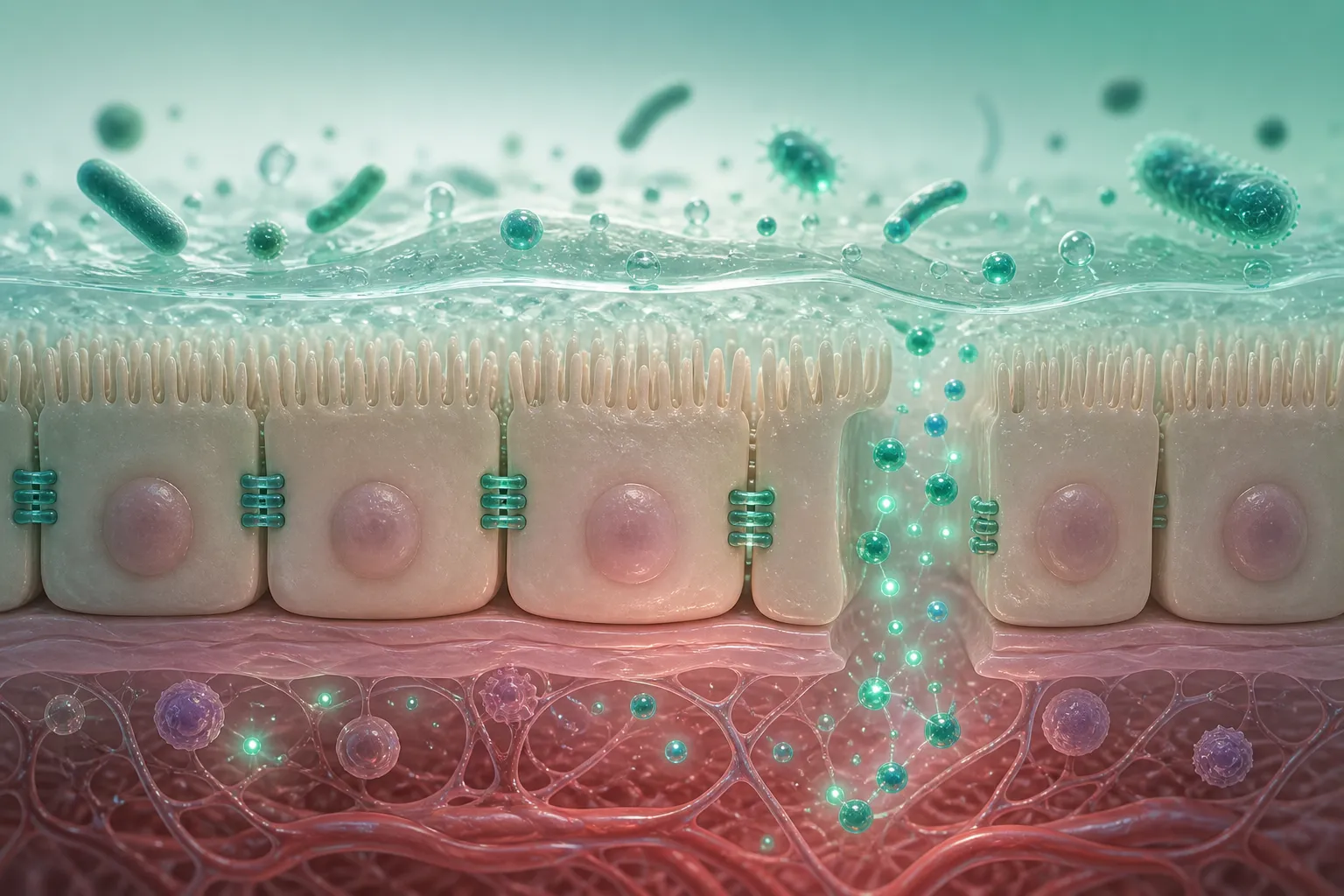 Render 3D da parede do intestino em camadas, com o muco, as células e as junções que controlam a passagem, em tons de jade sobre fundo claro