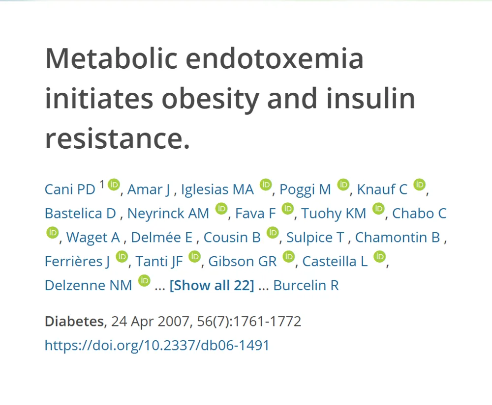 Referência do estudo sobre endotoxemia metabólica, que liga a passagem de componentes bacterianos à inflamação e ao metabolismo, com título, autores, revista e DOI
