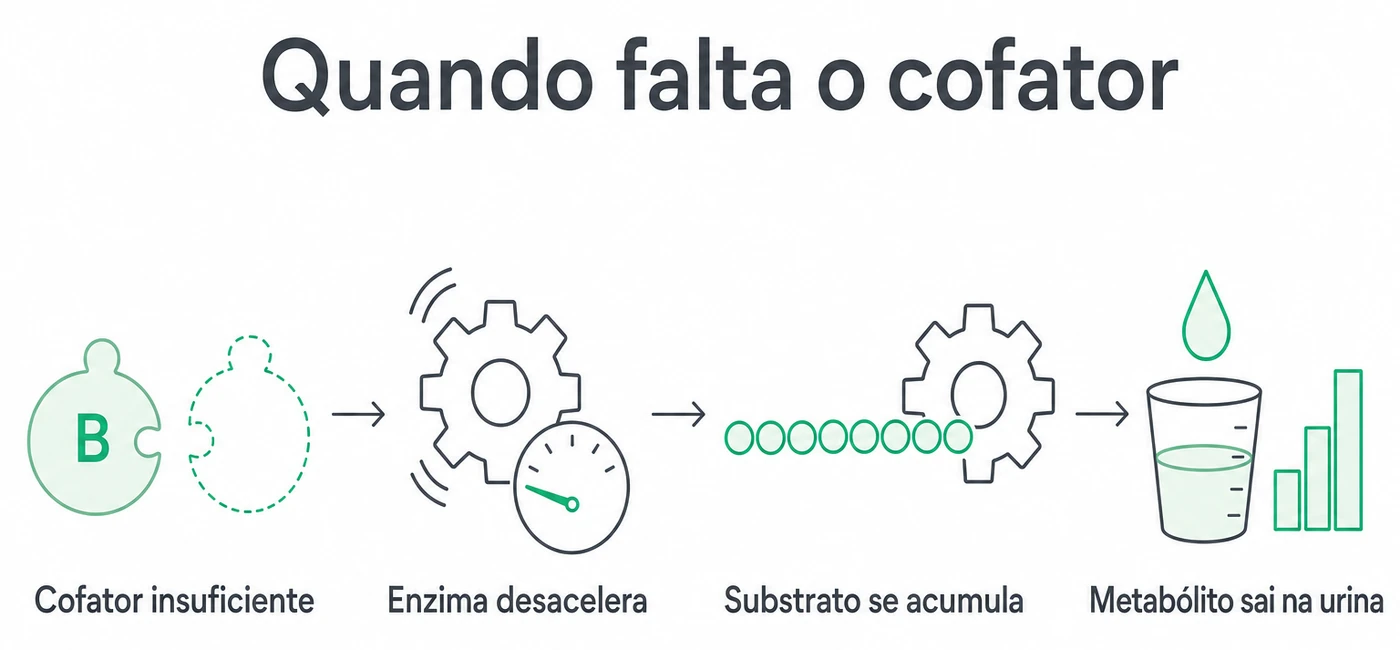 Infográfico mostrando que sem o cofator a enzima desacelera, o substrato se acumula e o metabólito sai na urina