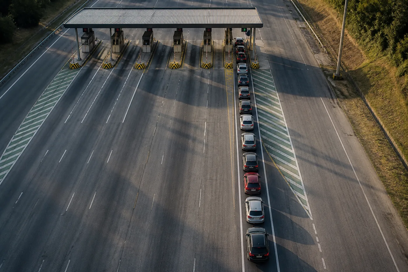 Praça de pedágio com uma cabine aberta e fila longa de carros esperando, imagem que ilustra a reação lenta e o acúmulo