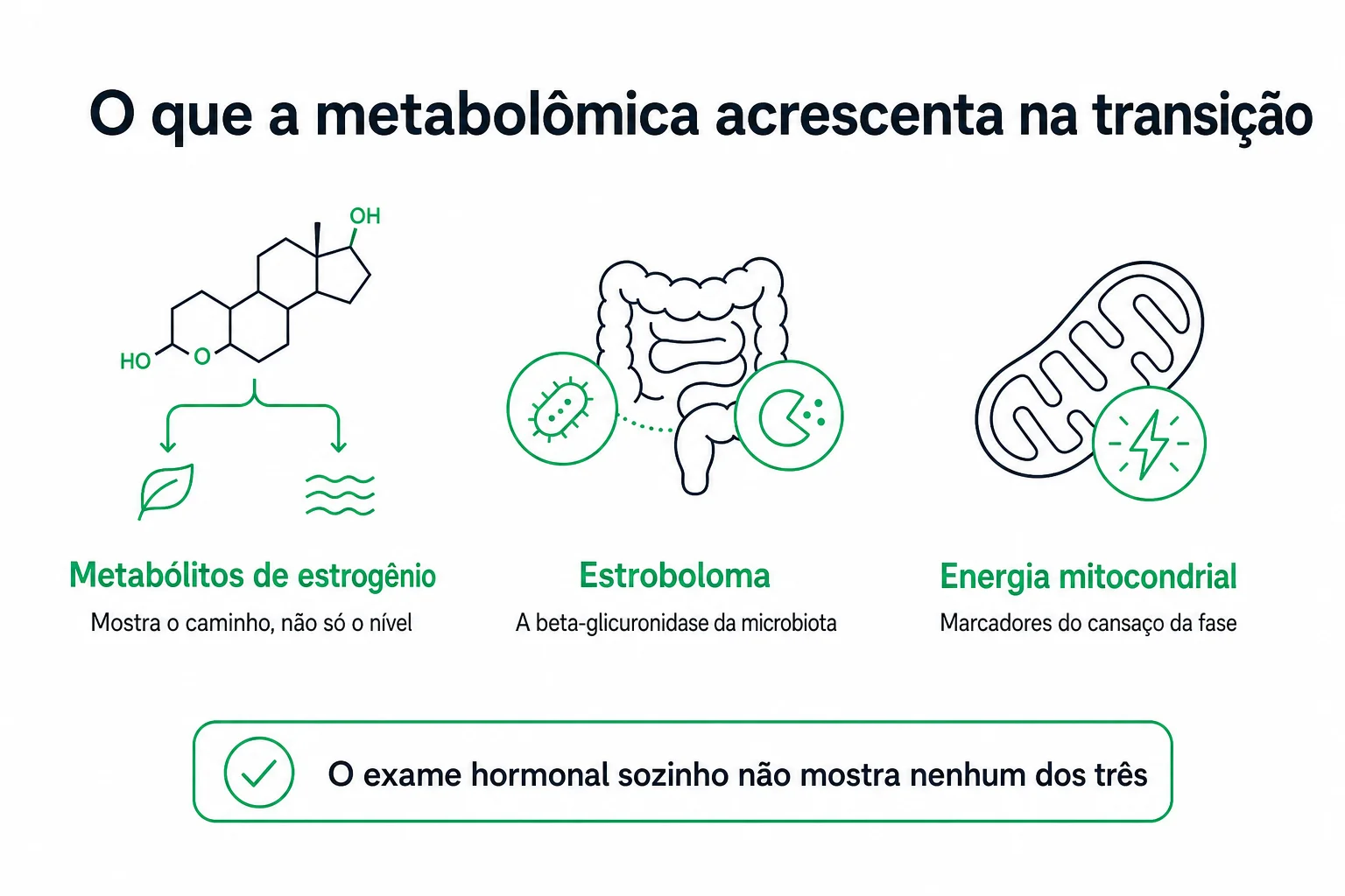 Infográfico com o que a metabolômica acrescenta na transição da menopausa: metabólitos de estrogênio, estroboloma e energia mitocondrial
