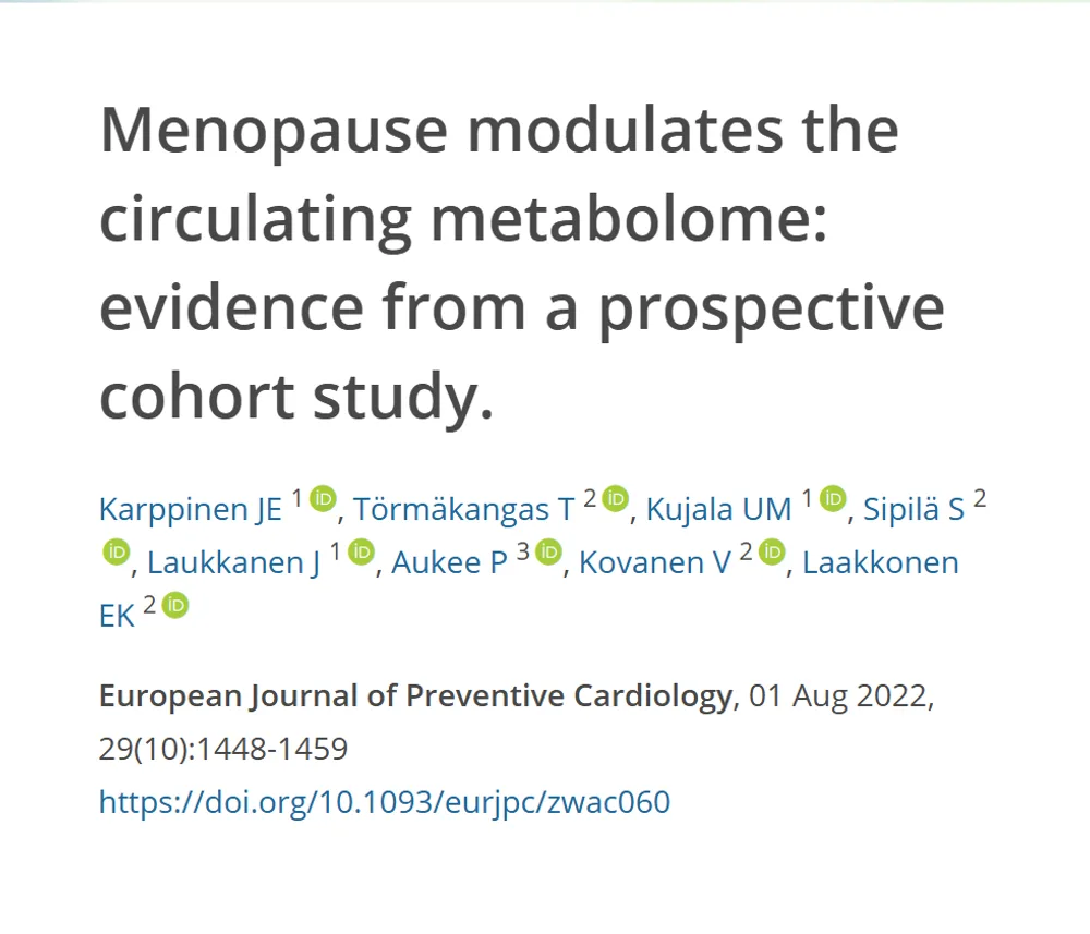Referência do estudo de coorte que mostra que a menopausa altera o metaboloma circulante, com título, autores, revista e DOI