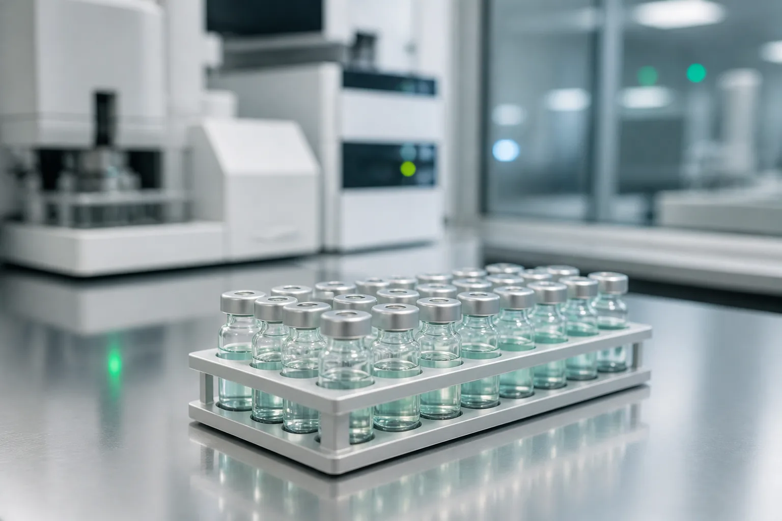 Bancada de laboratório com amostras preparadas para análise metabólica, em luz fria e sóbria