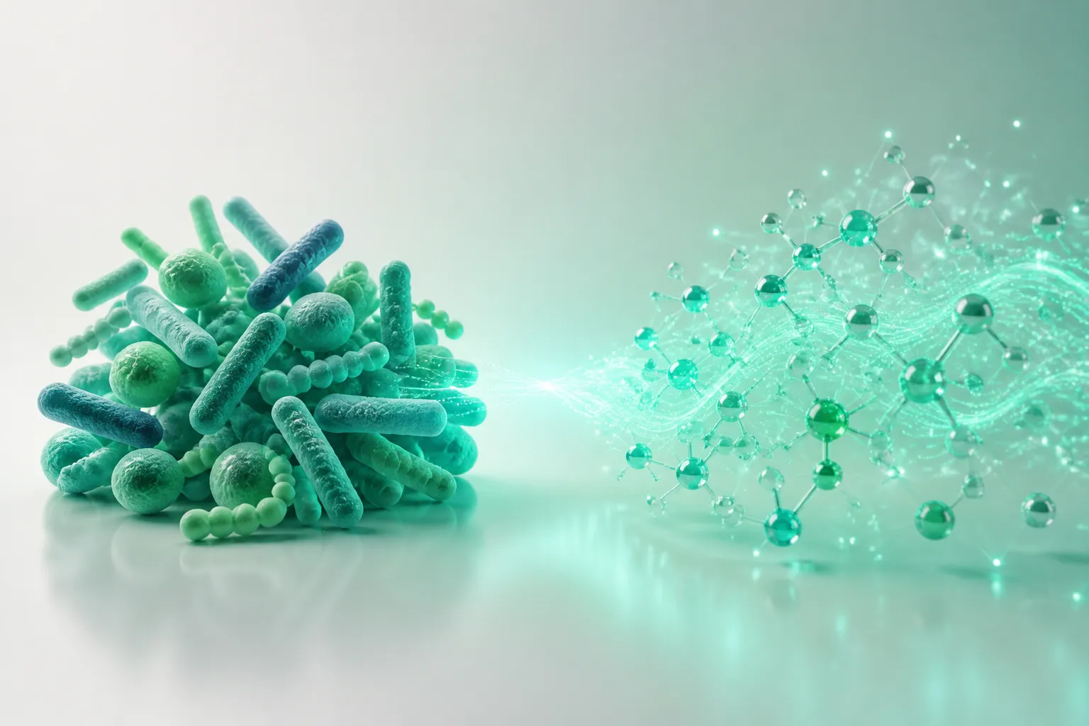 Ilustração 3D que contrasta uma comunidade de bactérias intestinais com as moléculas que elas produzem, em tons de jade, sugerindo a diferença entre quem está no intestino e o que ele faz
