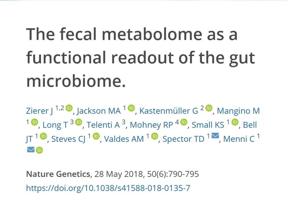 Referência do estudo que descreve o metaboloma fecal como leitura funcional do microbioma intestinal, com título, autores, revista e DOI