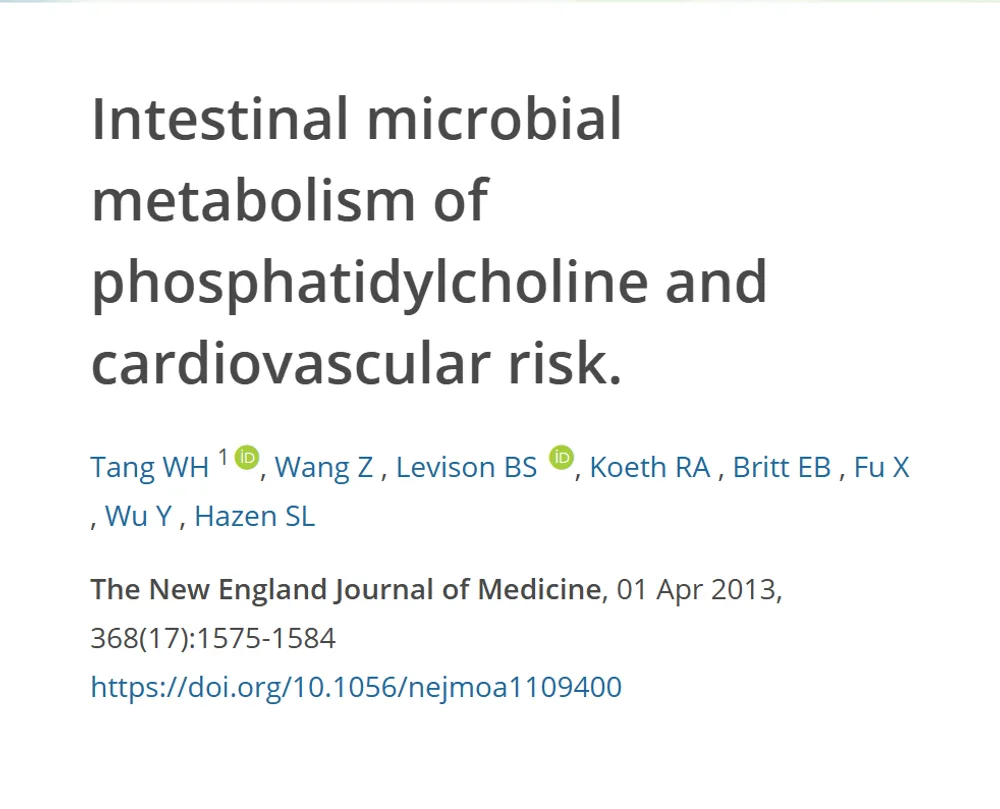Referência do estudo que liga um metabólito produzido pela microbiota ao risco cardiovascular, com título, autores, revista e DOI