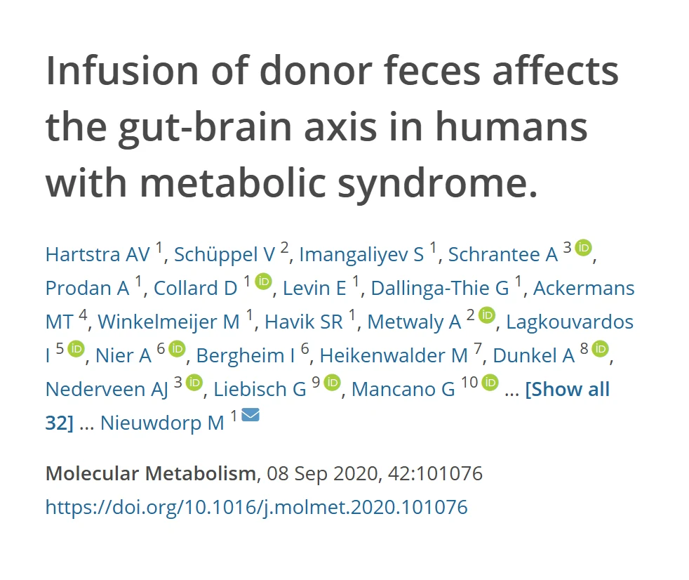 Referência do ensaio randomizado sobre infusão de fezes de doador e o eixo intestino-cérebro em humanos com síndrome metabólica, com título, autores, revista e DOI