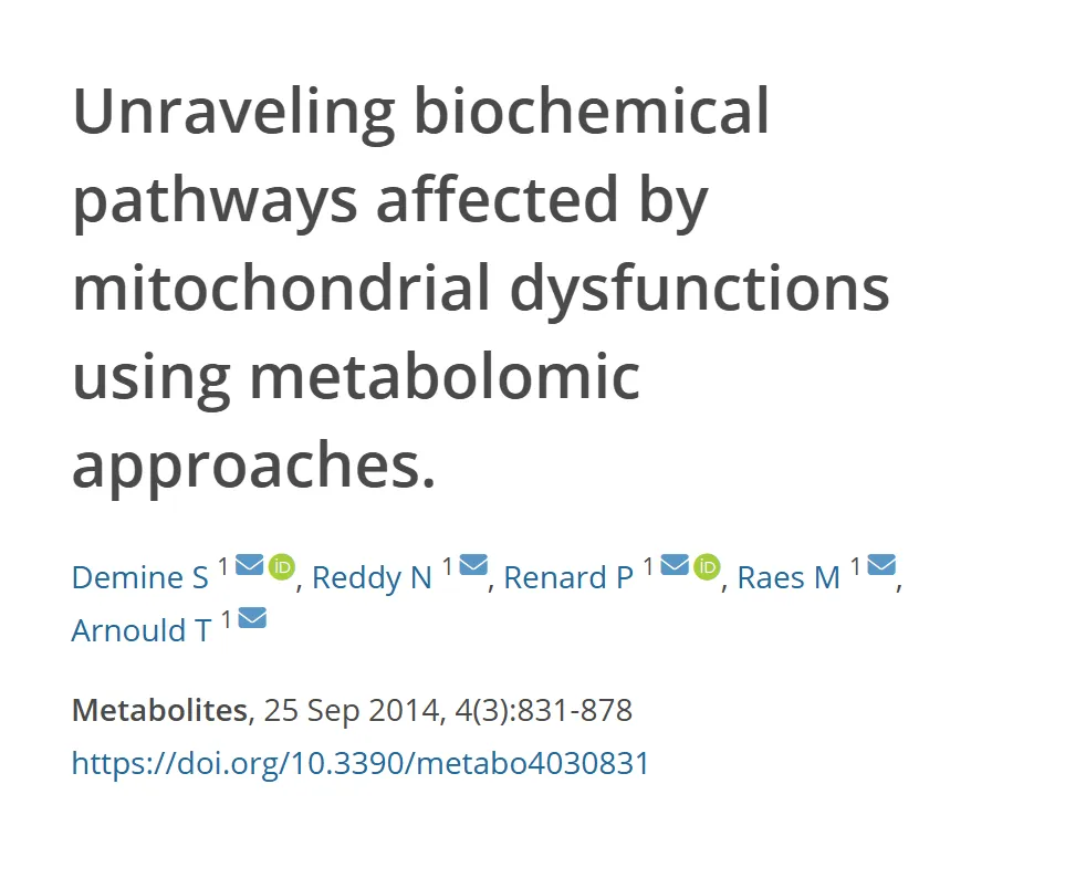 Referência do estudo sobre as vias bioquímicas afetadas pela disfunção mitocondrial lidas por metabolômica, com título, autores, revista e DOI