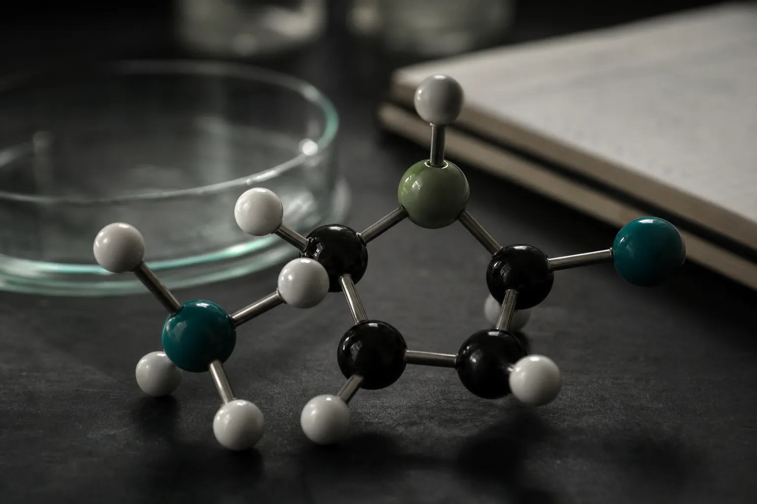 Modelo tridimensional de uma molécula sobre uma bancada de laboratório