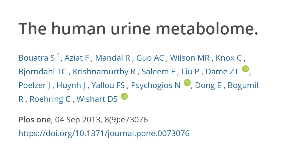 Referência do estudo que mapeou o metaboloma da urina humana, com título, autores, revista e DOI
