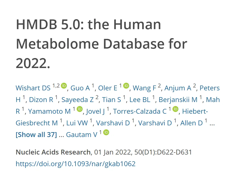 Referência do artigo que descreve a base de dados do metaboloma humano com mais de duzentos mil compostos, com título, autores, revista e DOI