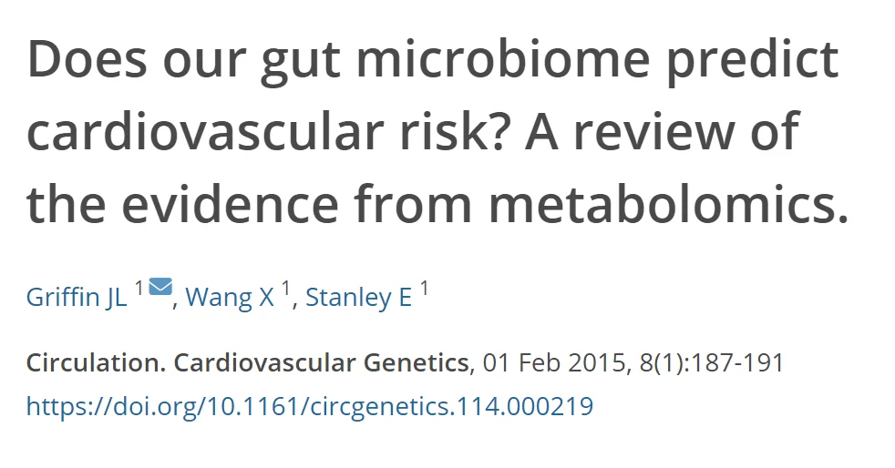 Referência do estudo sobre microbioma intestinal e risco cardiovascular pela metabolômica, com título, autores, revista e DOI