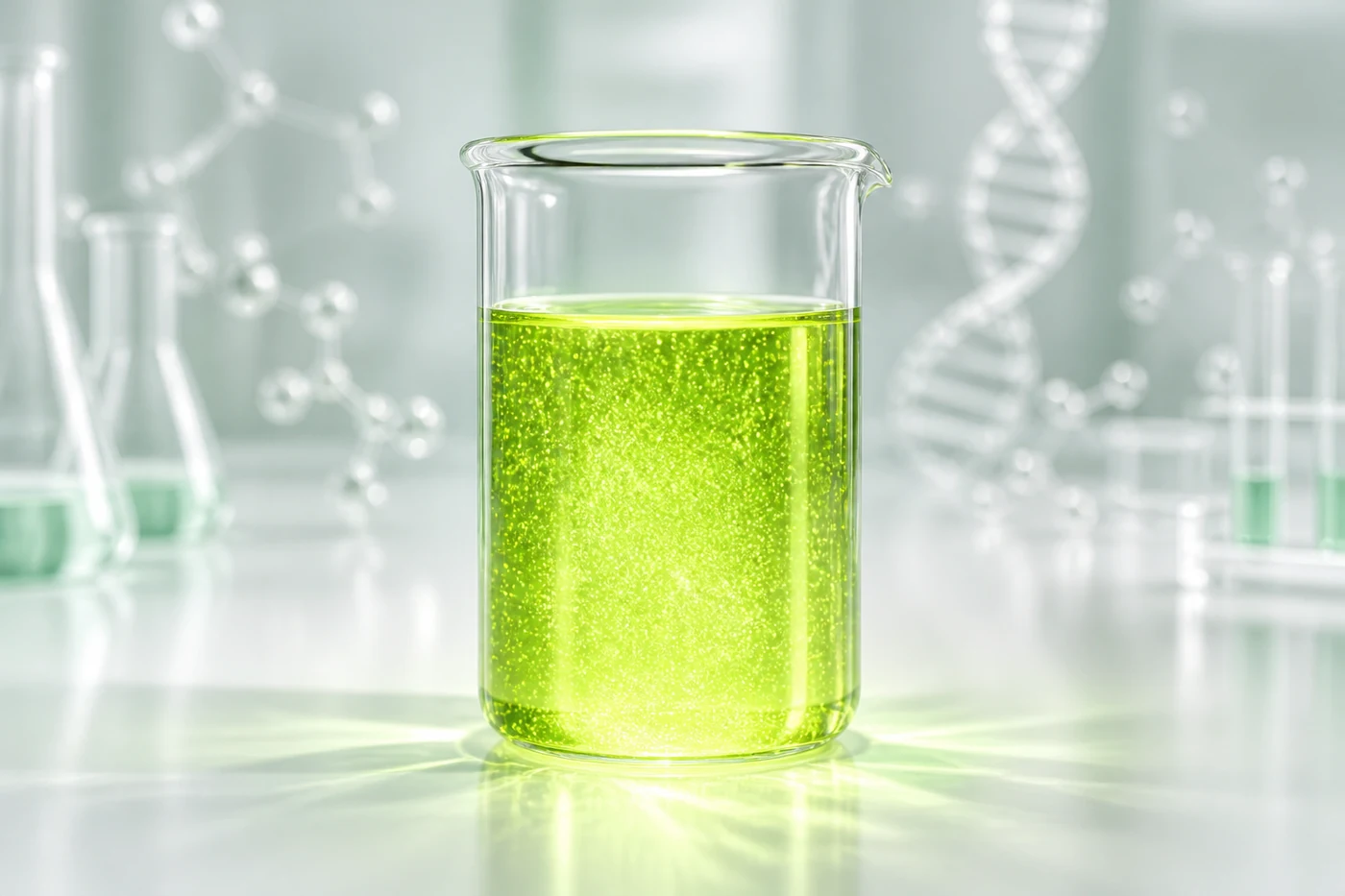 Béquer de laboratório com solução de riboflavina fluorescendo em amarelo esverdeado sobre bancada clara