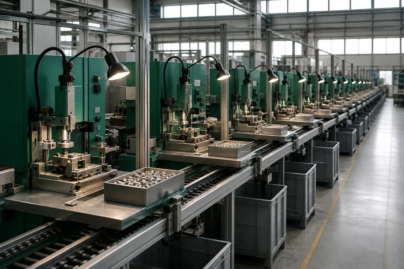 Linha de montagem industrial com várias estações de trabalho enfileiradas, imagem que ilustra o mesmo cofator sendo exigido em pontos diferentes do metabolismo