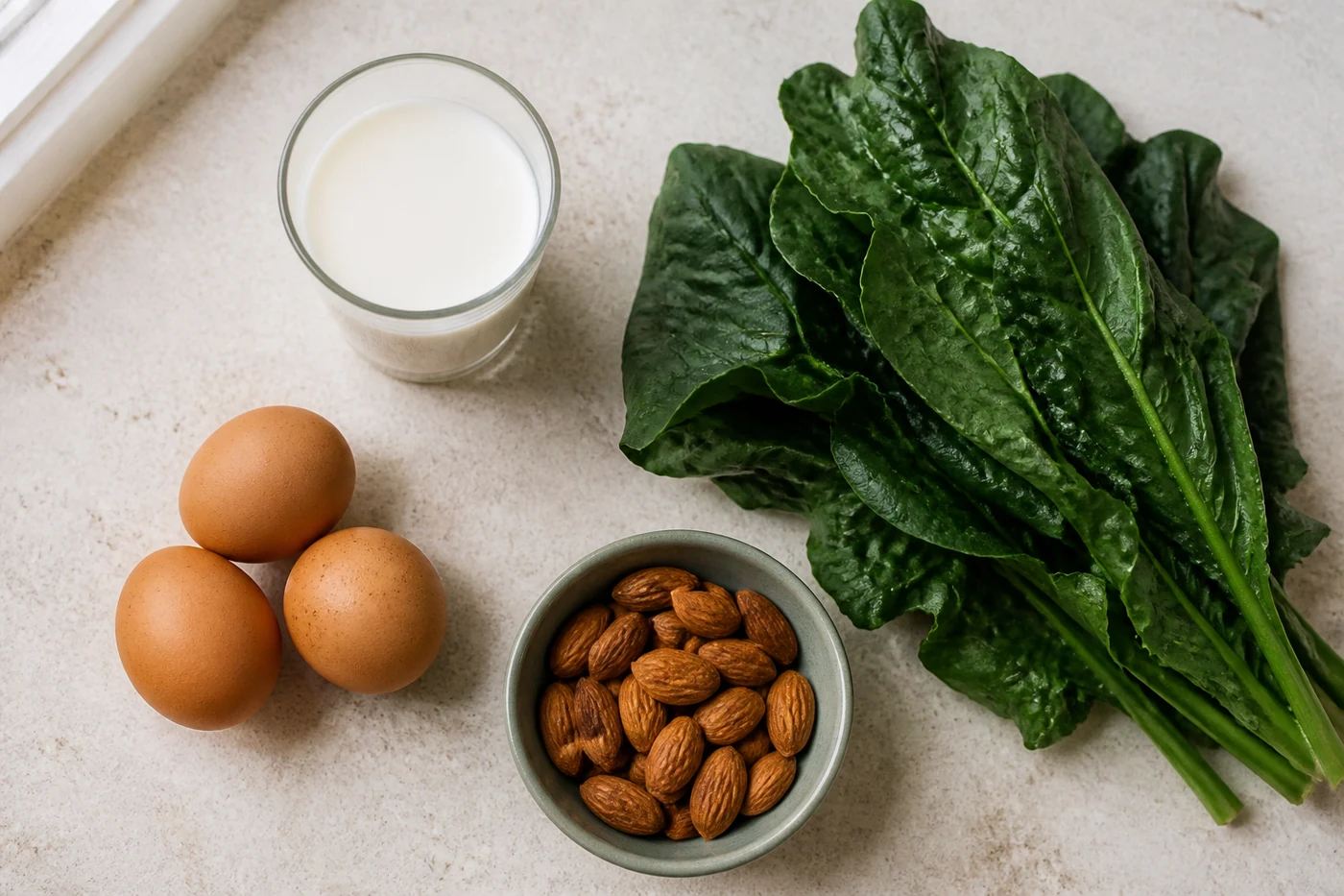 Ovos, leite, amêndoas e folhas verde-escuras sobre bancada clara, alimentos que são fonte de riboflavina