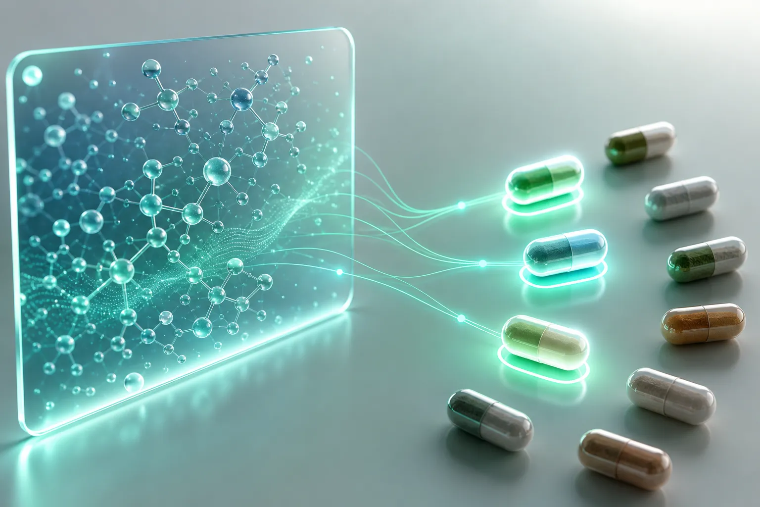 Ilustração de uma bancada clínica com um exame de metabolômica aberto ao lado de cápsulas de nutrientes organizadas por marcador, em tons de jade e luz clara