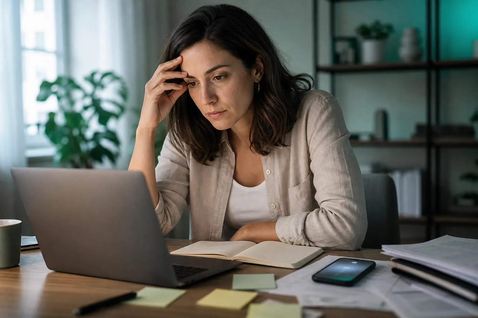 Adulto diante da mesa de trabalho com vários papéis e a atenção dividida, retratando a distração do dia a dia do TDAH