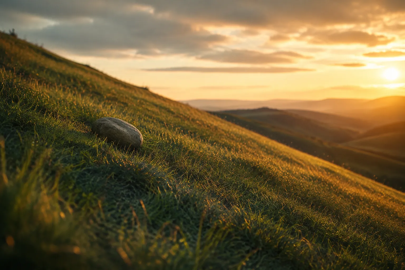 Pedra parada numa encosta gramada inclinada, sem rolar, em luz de fim de tarde