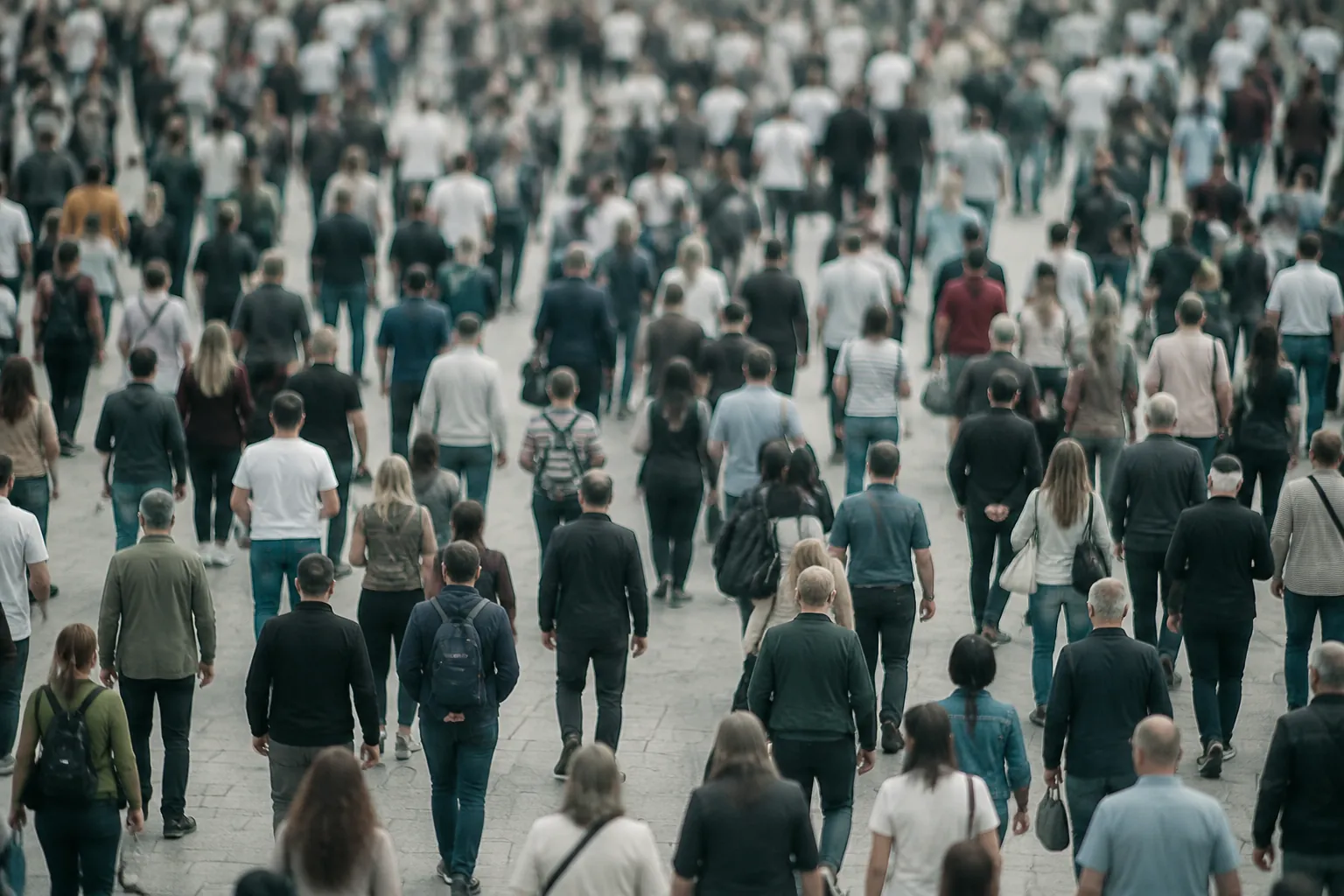 Multidão de adultos vista de costas, de corpos e idades variados, atravessando uma praça