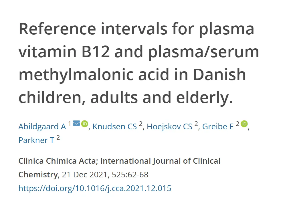 Referência do estudo dinamarquês que propõe faixas de referência de vitamina B12 e ácido metilmalônico separadas por idade, com título, autores, revista e DOI