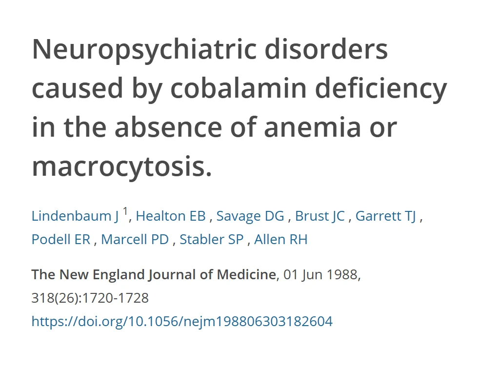 Referência do estudo sobre alterações neuropsiquiátricas por deficiência de cobalamina sem anemia, com título, autores e revista