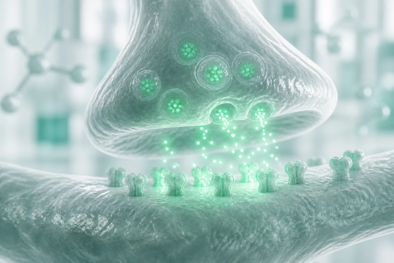 Passagem do sinal entre duas células nervosas, com partículas luminosas atravessando o espaço entre elas e chegando aos receptores do outro lado
